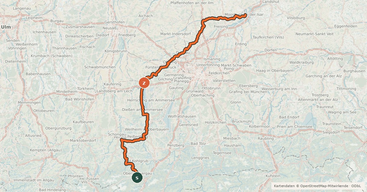 Kartenübersicht der Radroute Ammer-Amper-Radweg