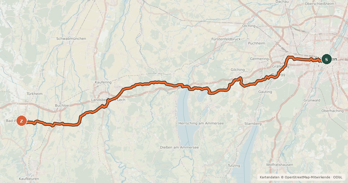 Kartenübersicht der Radroute Ammersee-Radweg