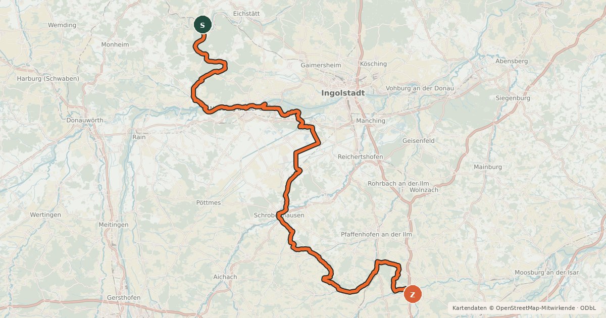 Kartenübersicht der Radroute Amper-Altmühl-Radweg