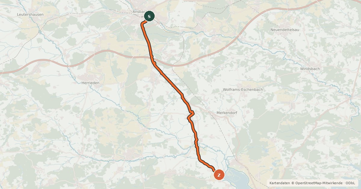 Kartenübersicht der Radroute Ansbach - Altmühlsee