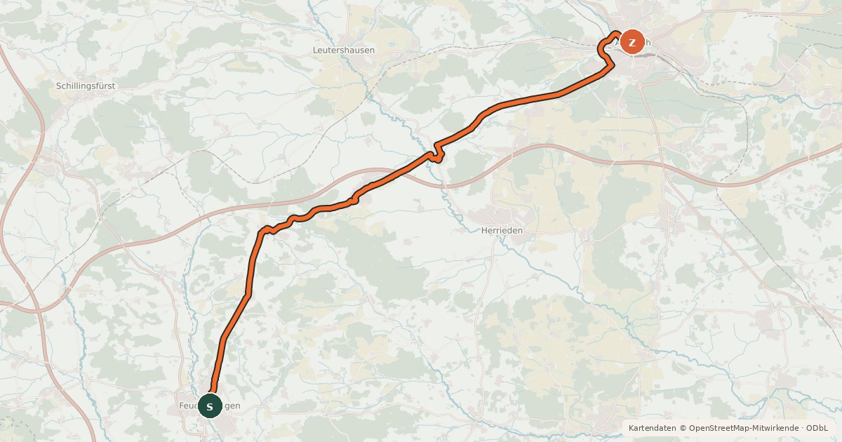 Kartenübersicht der Radroute Ansbach - Feuchtwangen
