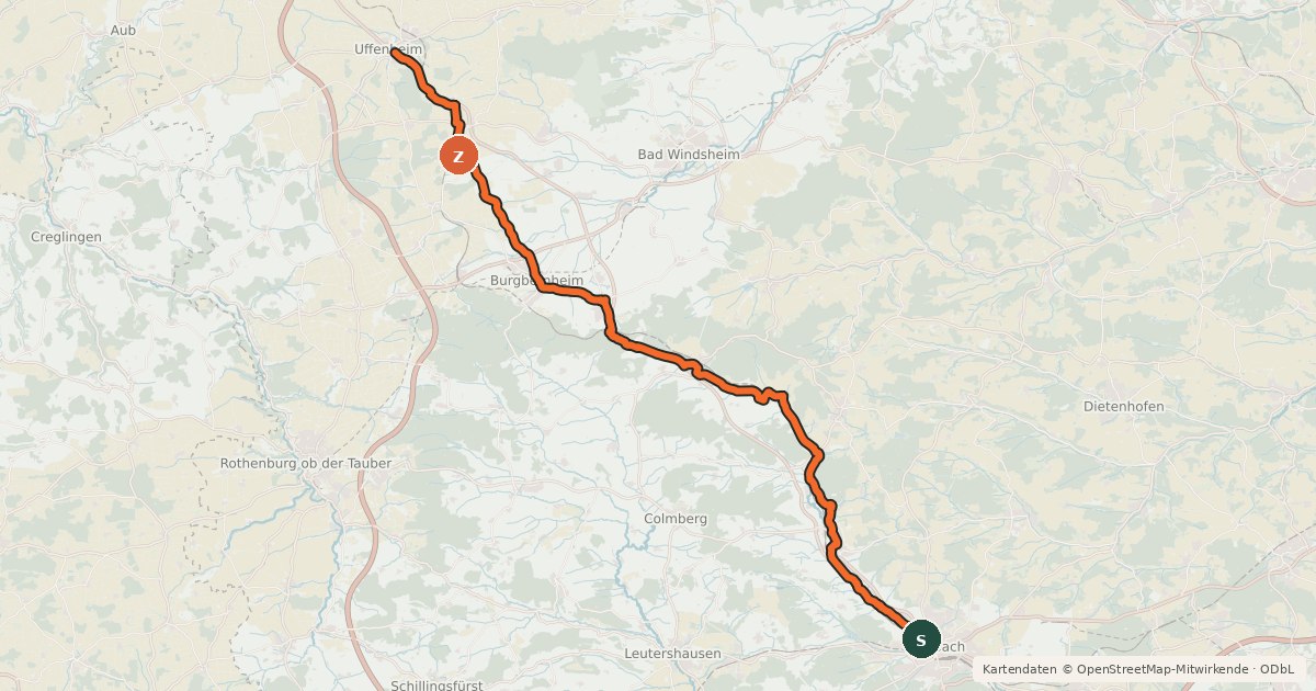 Kartenübersicht der Radroute Ansbach-Uffenheim