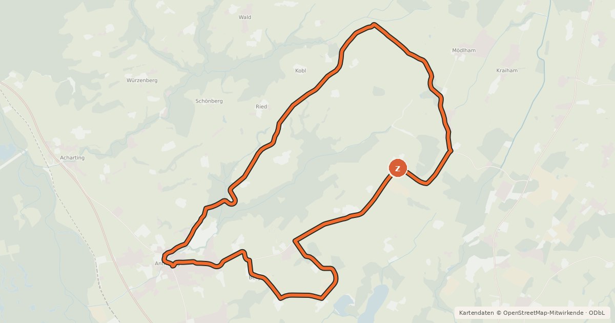 Kartenübersicht der Radroute Antheringer Berg- und Seentour