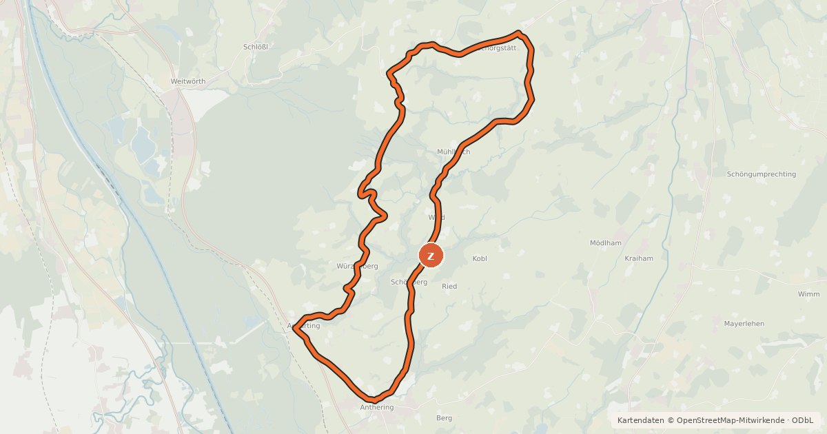 Kartenübersicht der Radroute Antheringer "Maunzteufeltour"