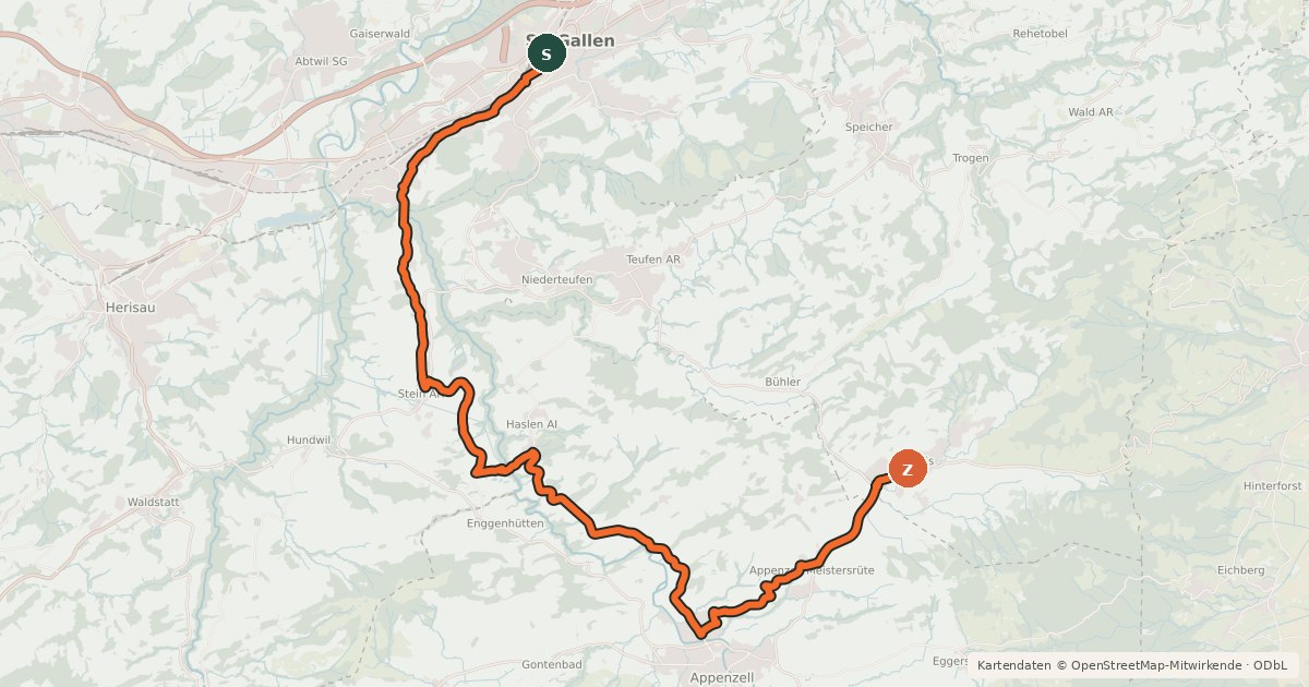 Kartenübersicht der Radroute Appenzeller Route