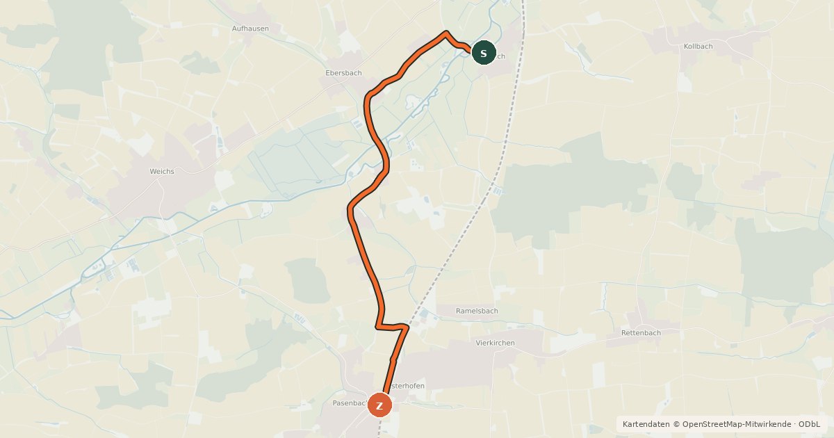 Kartenübersicht der Radroute Asbach Vierkirchen