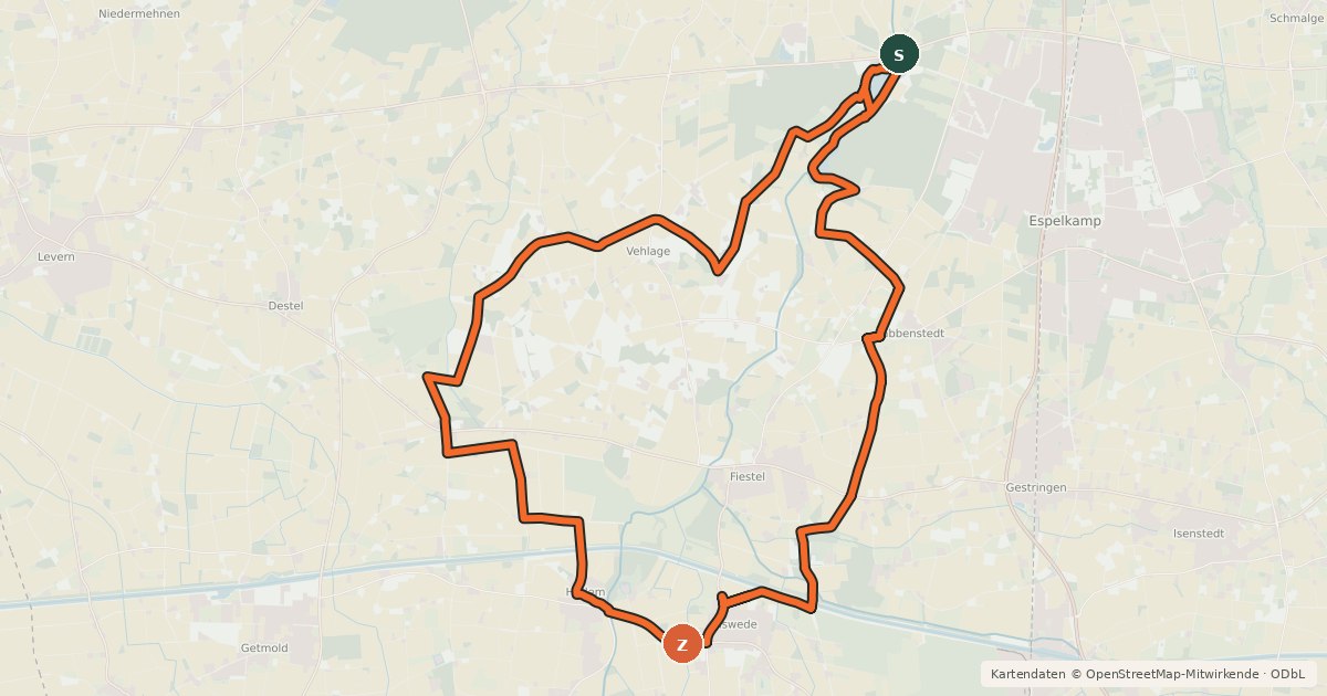 Kartenübersicht der Radroute Auetal-Route