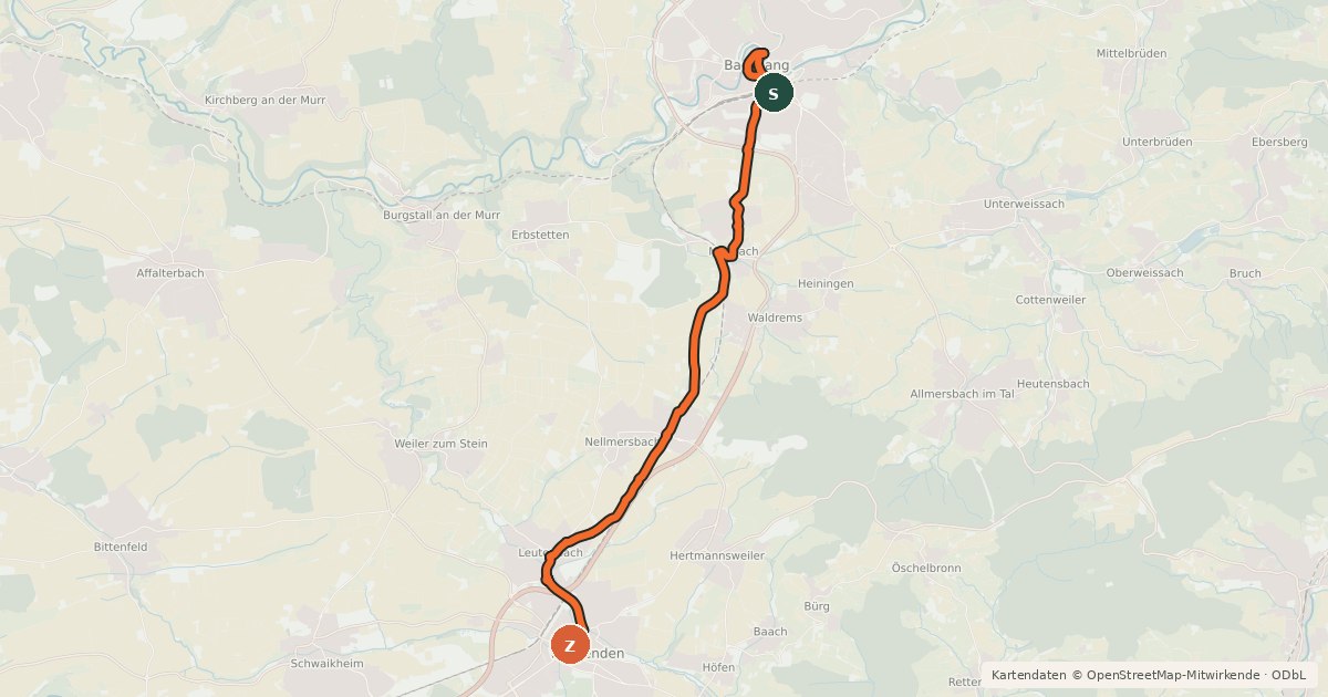 Kartenübersicht der Radroute Backnang-Winnenden