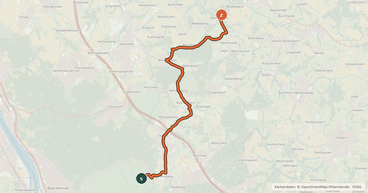 Kartenübersicht der Radroute Bad Honnef Himberg (11) - Hennef Dahlhausen (12)