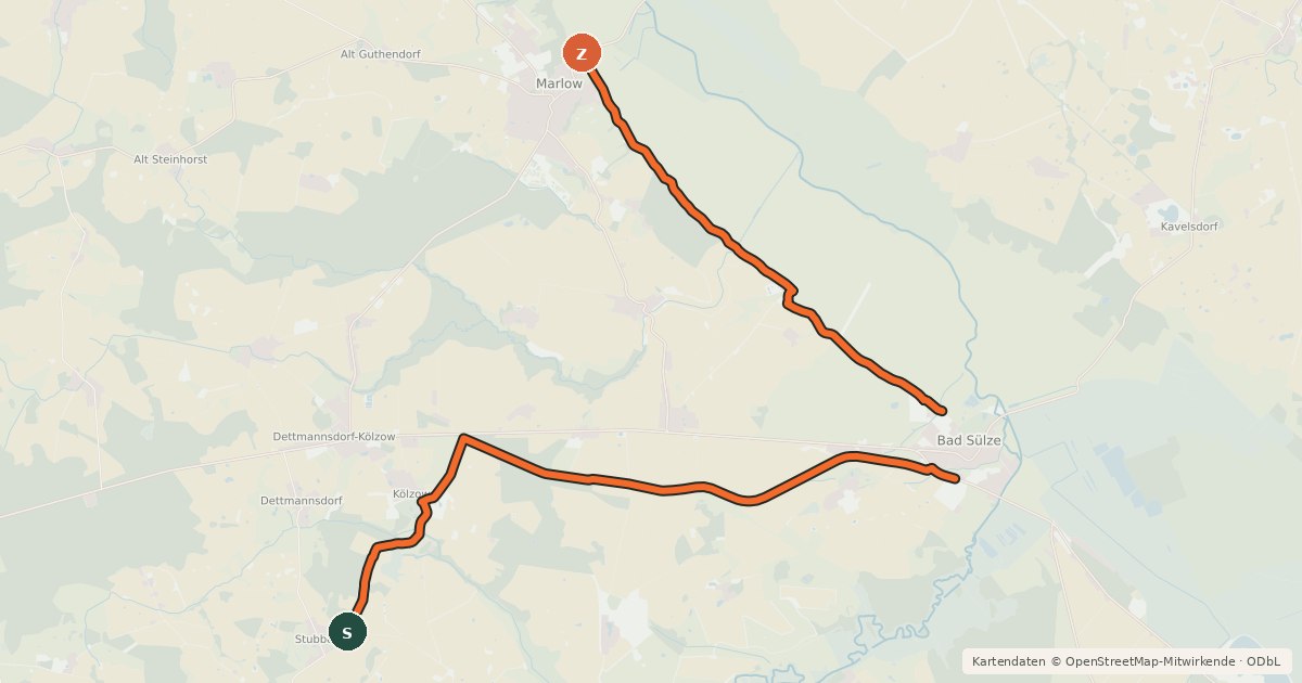 Kartenübersicht der Radroute Bad Sülze-Marlow