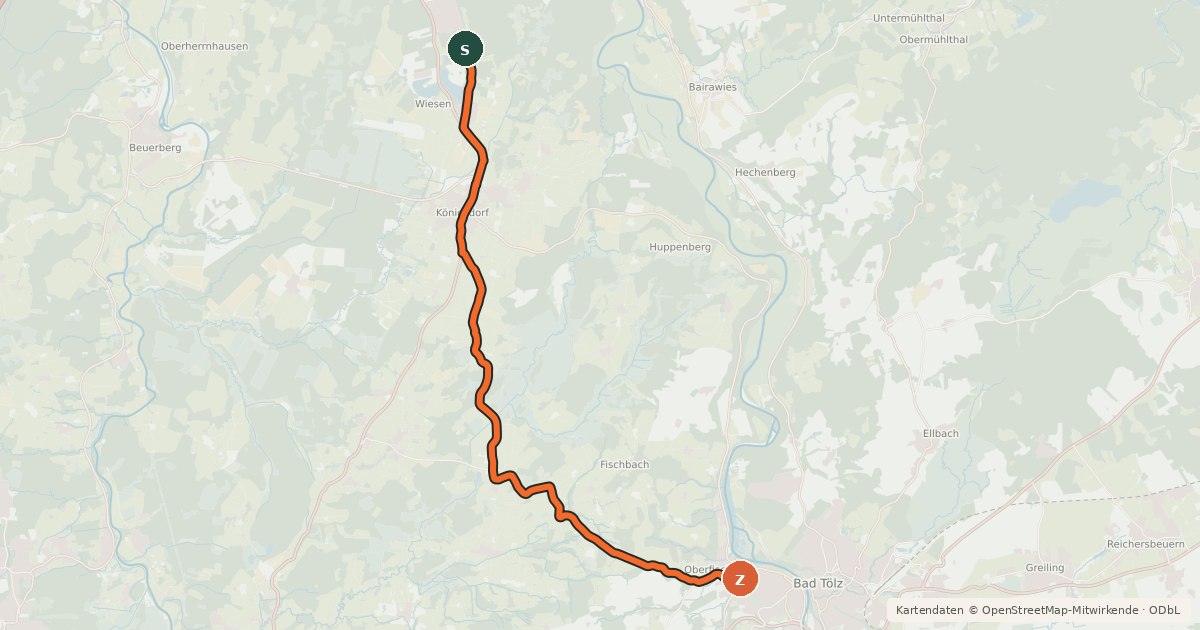 Kartenübersicht der Radroute Bad Tölz Königsdorf Geretsried