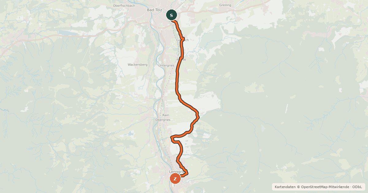 Kartenübersicht der Radroute Bad Tölz - Lenggries