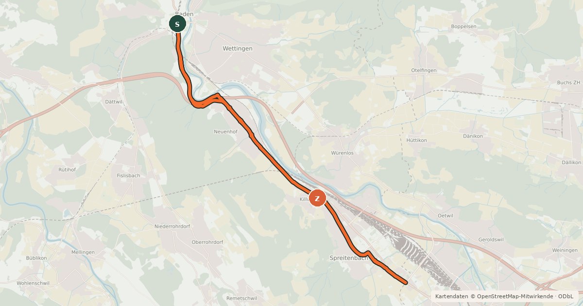 Kartenübersicht der Radroute Baden-Dietikon
