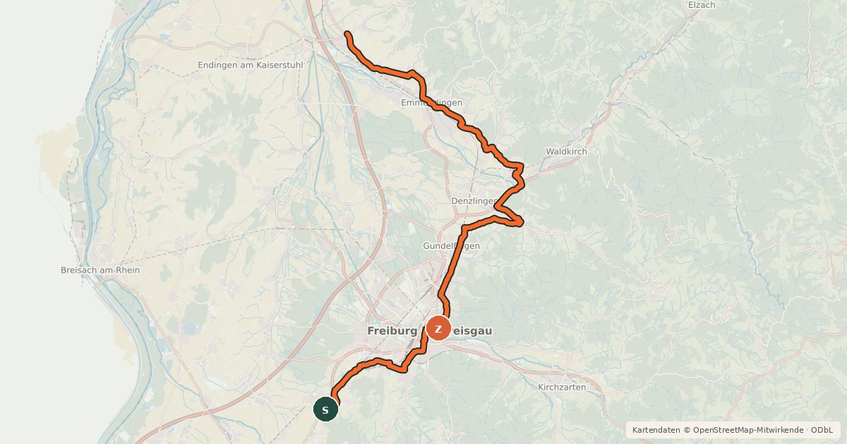 Kartenübersicht der Radroute Badischer Weinradweg - Etappe 2 Variante