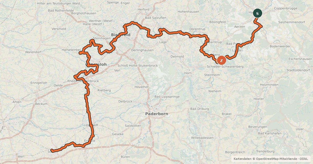 Kartenübersicht der Radroute BahnRadRoute Hellweg-Weser Hauptroute