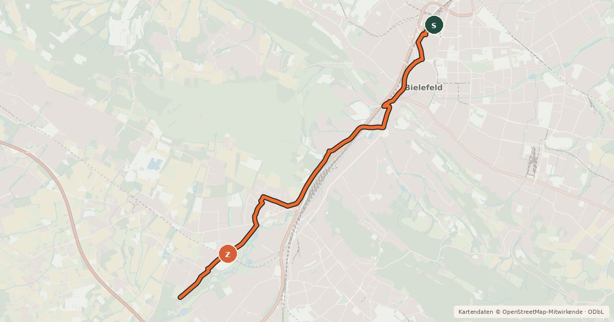 Kartenübersicht der Radroute BahnRadRoute Teuto - Senne (Zubringer Hauptbahnhof Bielefeld)