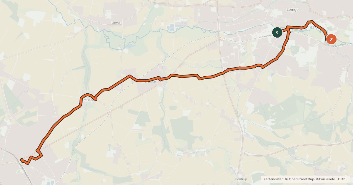 Kartenübersicht der Radroute BahnRadRoute Weser - Lippe (Abzweig Lemgo)
