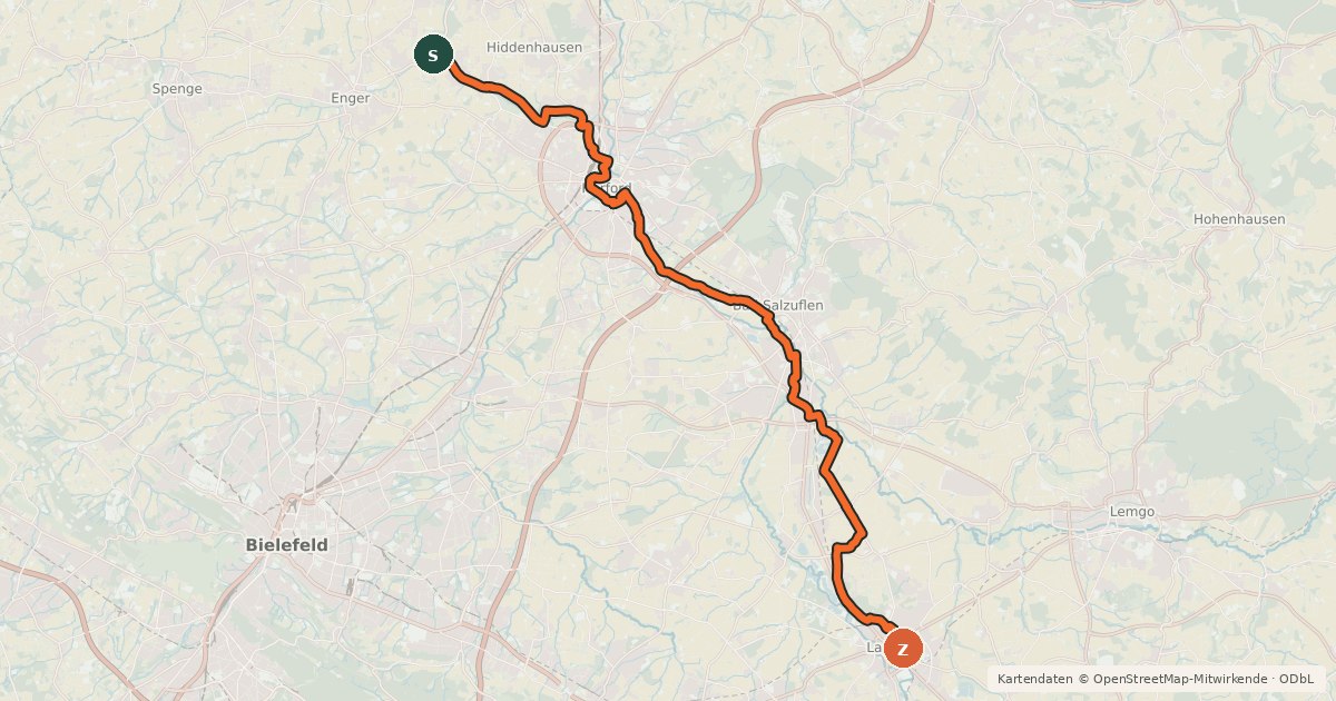 Kartenübersicht der Radroute BahnRadRoute Weser - Lippe (Alternativroute Herford)