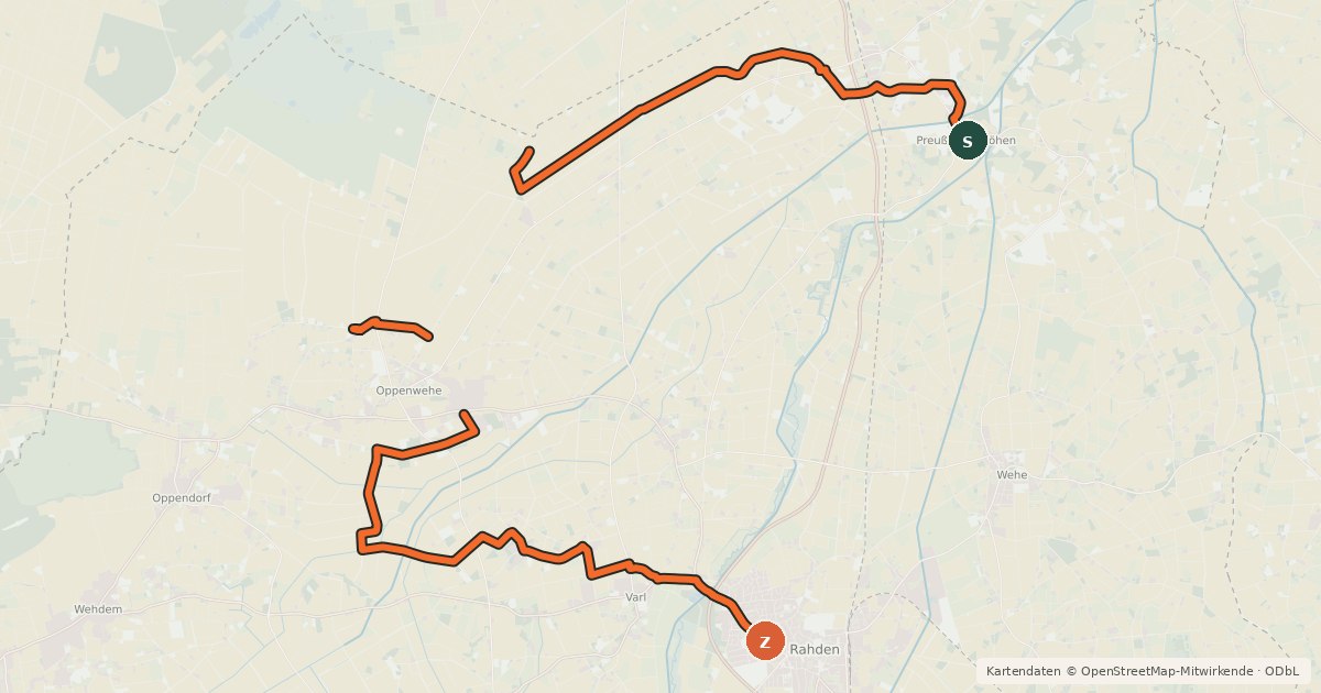Kartenübersicht der Radroute BahnRadRoute Weser - Lippe (Alternativroute Stemwede)
