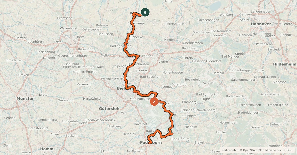 Kartenübersicht der Radroute BahnRadRoute Weser - Lippe (Hauptroute)