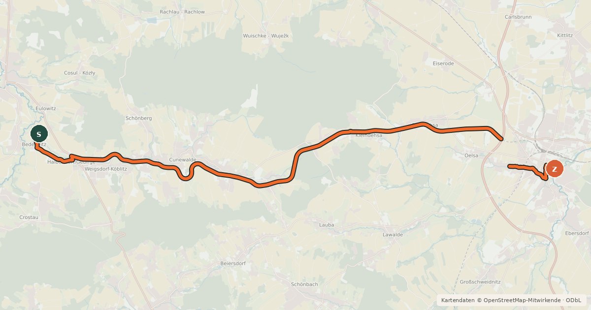 Kartenübersicht der Radroute Bahnradweg Oberlausitz