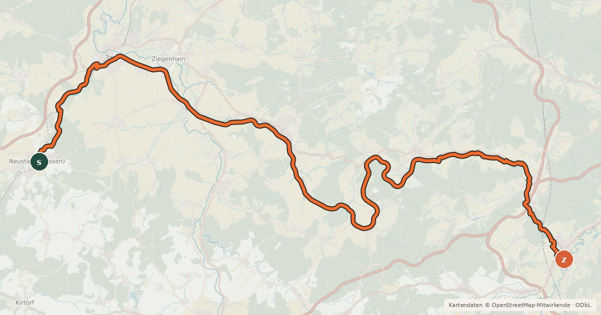 Kartenübersicht der Radroute Bahnradweg Rotkäppchenland