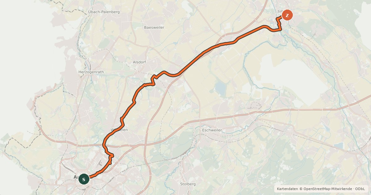 Kartenübersicht der Radroute Bahntrassenradweg Aachen - Jülich