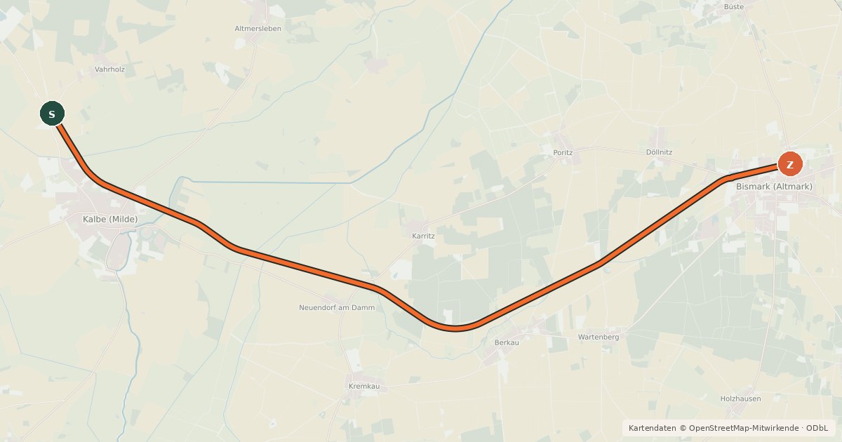 Kartenübersicht der Radroute Bahntrassenroute Kalbe-Bismark