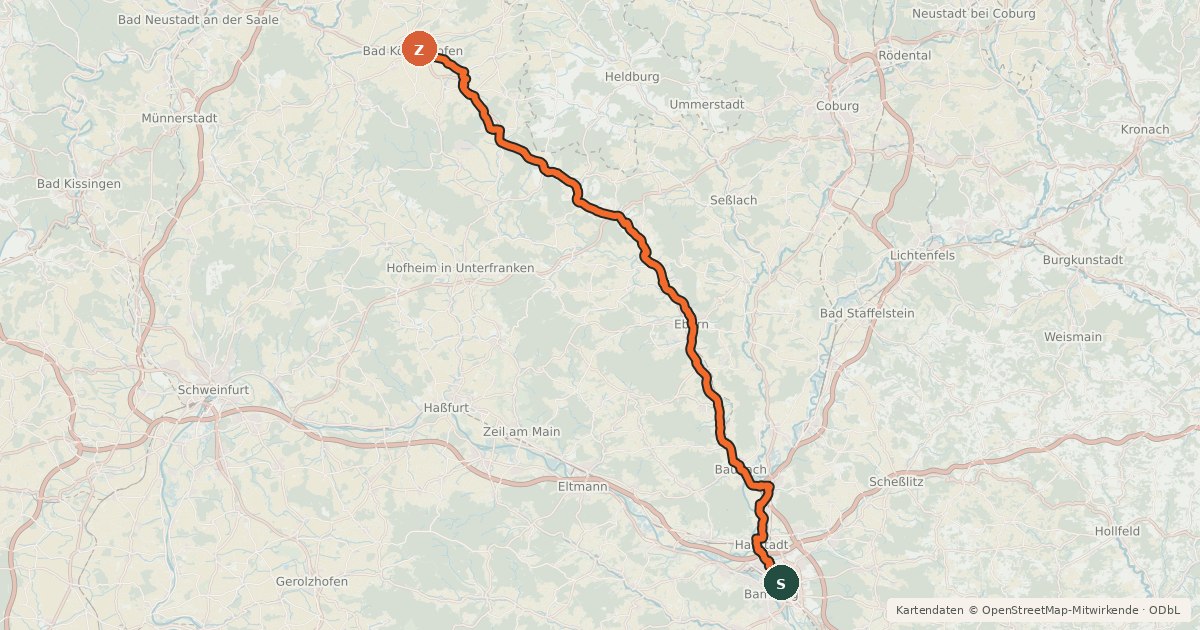 Kartenübersicht der Radroute Bamberg-Bad Königshofen
