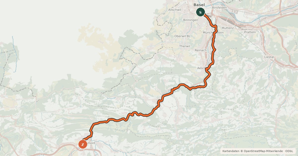 Kartenübersicht der Radroute Basel–Franches-Montagnes