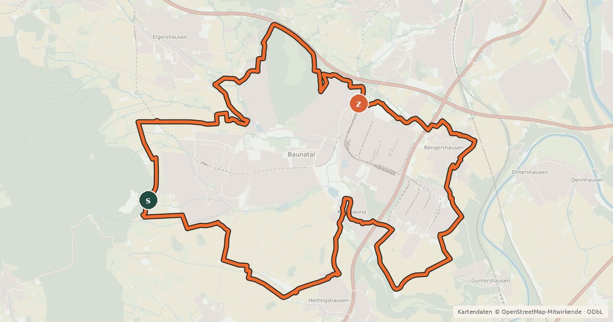 Kartenübersicht der Radroute Baunatal Rundweg