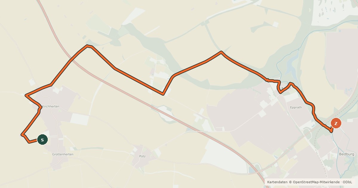 Kartenübersicht der Radroute Bedburg (08) - Bedburg (15)
