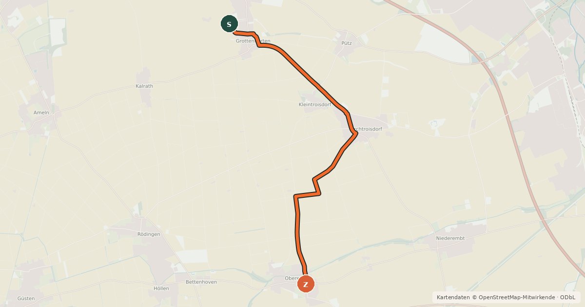 Kartenübersicht der Radroute Bedburg (08) - Elsdorf (09)