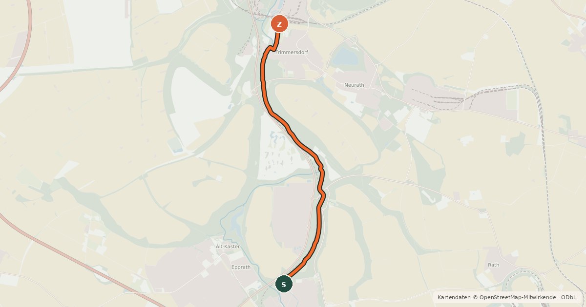 Kartenübersicht der Radroute Bedburg (15) - Grevenbroich (29)