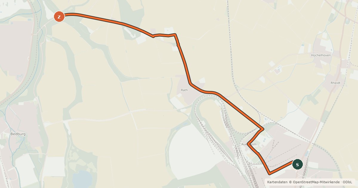 Kartenübersicht der Radroute Bergheim (07) - Grevenbroich (16)