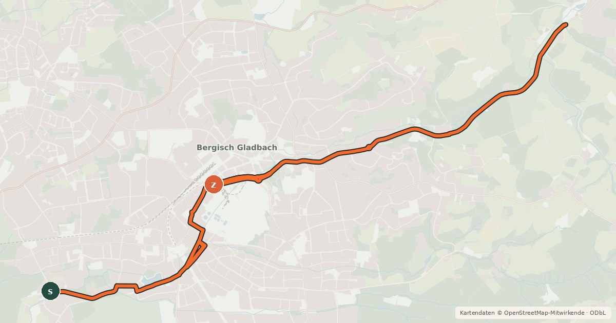 Kartenübersicht der Radroute Bergisch Gladbach (34) - Bergisch Gladbach (70)
