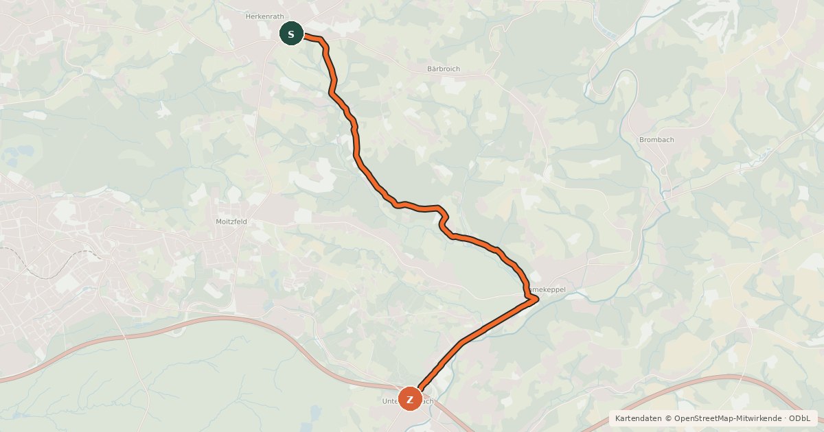 Kartenübersicht der Radroute Bergisch Gladbach (72) - Overath (79)