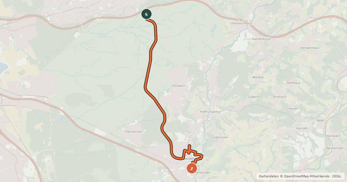 Kartenübersicht der Radroute Bergisch Gladbach (75) - Rösrath (94)