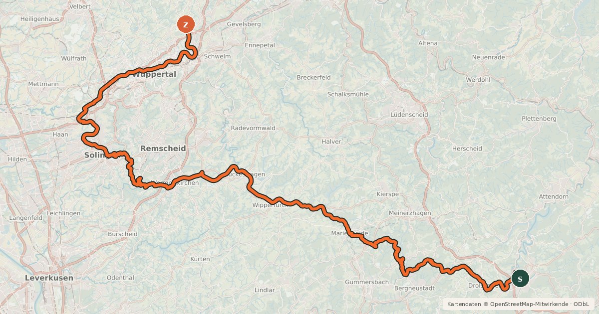 Kartenübersicht der Radroute Bergischer Panoramaradweg
