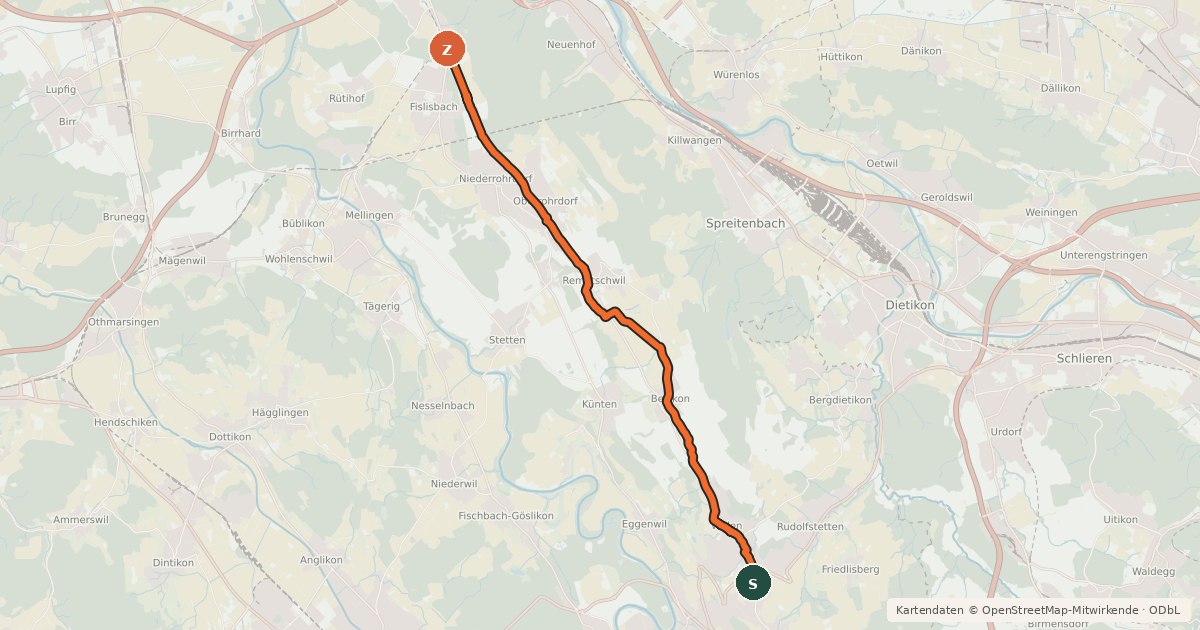 Kartenübersicht der Radroute Berikon-Fislisbach