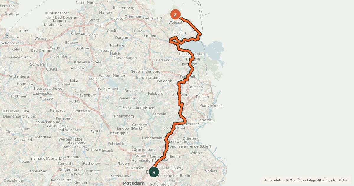 Kartenübersicht der Radroute Berlin-Usedom Radweg