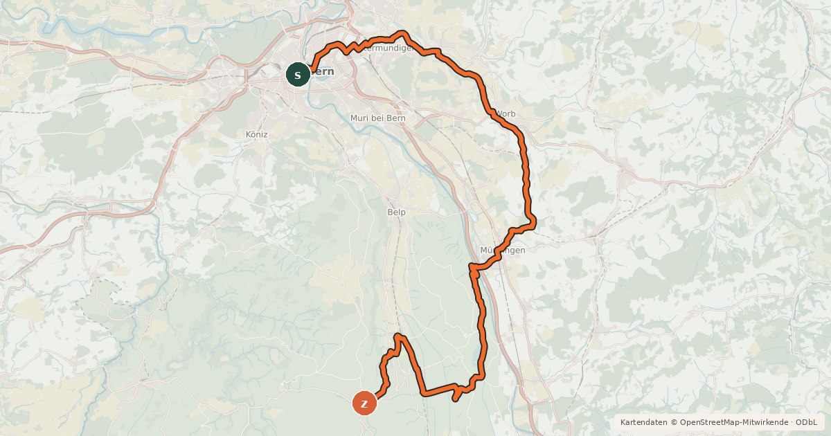 Kartenübersicht der Radroute Bern-Süd-Route