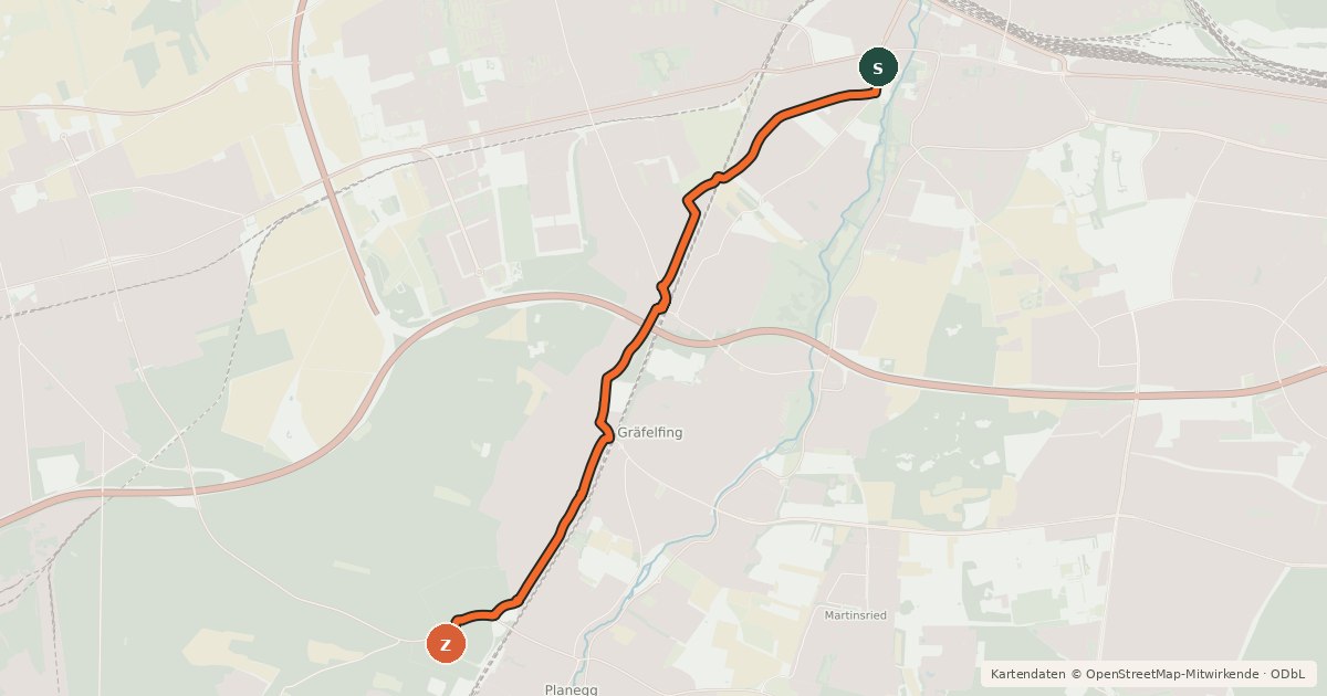 Kartenübersicht der Radroute Bhf Pasing - S-Bhf Planegg