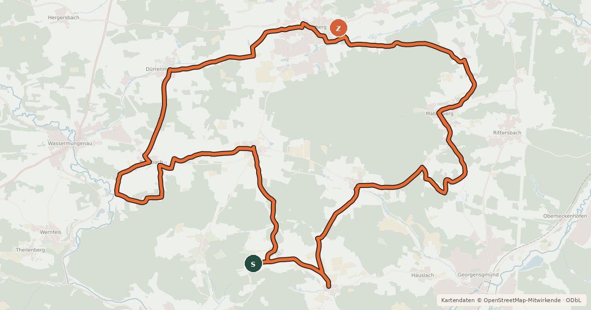 Kartenübersicht der Radroute Biergärten um den Abenberger Wald