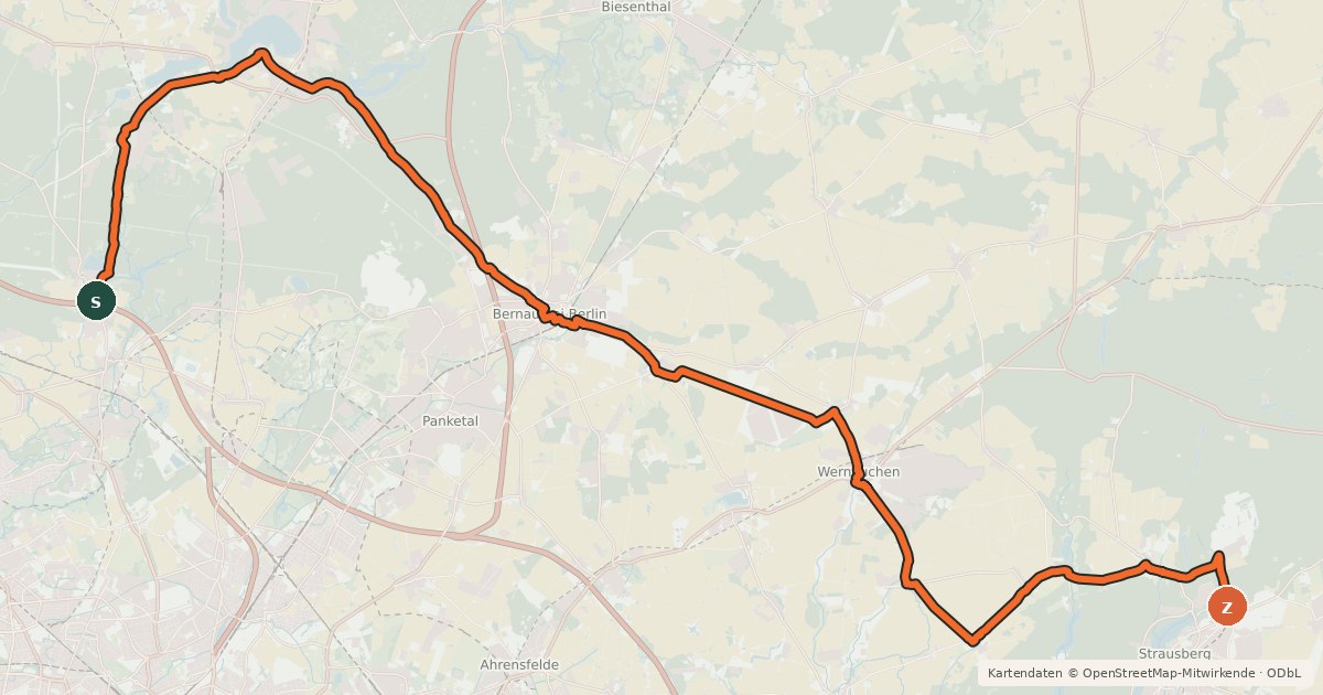 Kartenübersicht der Radroute Birkenwerder Strausberg