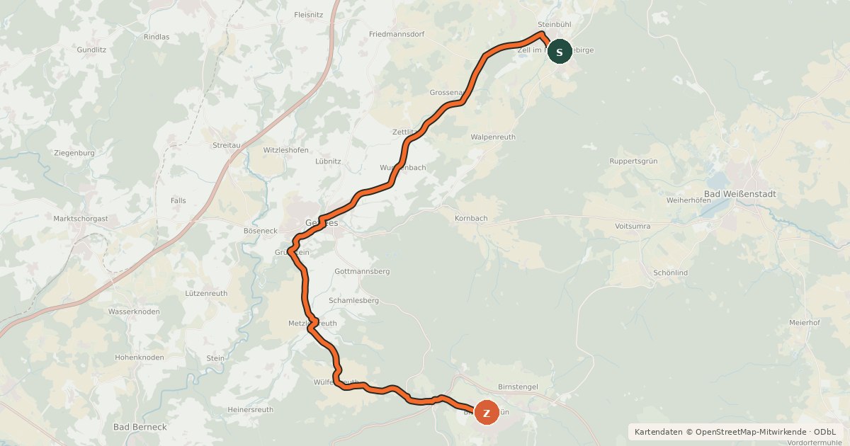Kartenübersicht der Radroute Bischofsgrün - Zell (Saaleradweg)