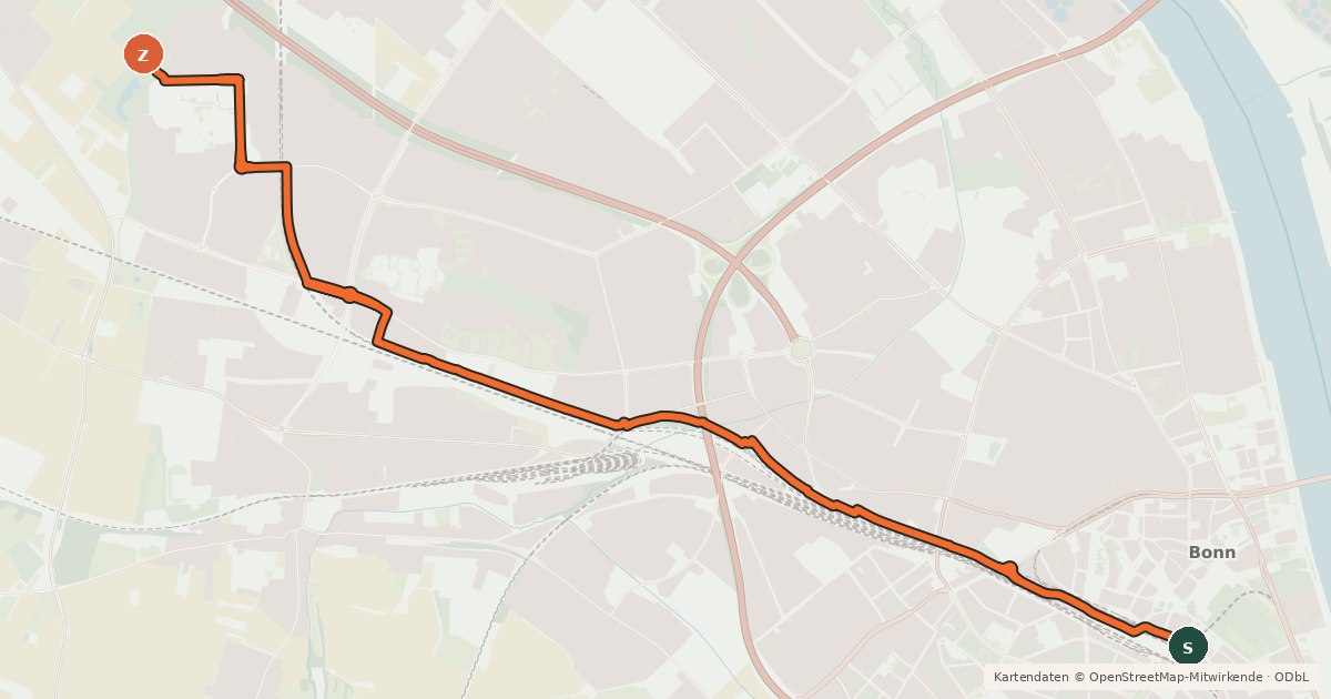 Kartenübersicht der Radroute Bonn (01) - Alfter (70)