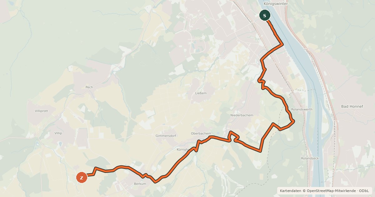 Kartenübersicht der Radroute Bonn (02) - Wachtberg (95)