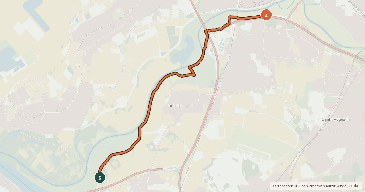 Kartenübersicht der Radroute Bonn (27) - Troisdorf (28)