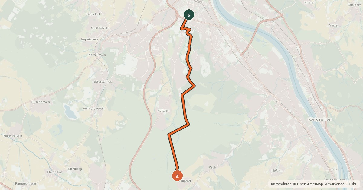 Kartenübersicht der Radroute Bonn (73) - Bonn (74)